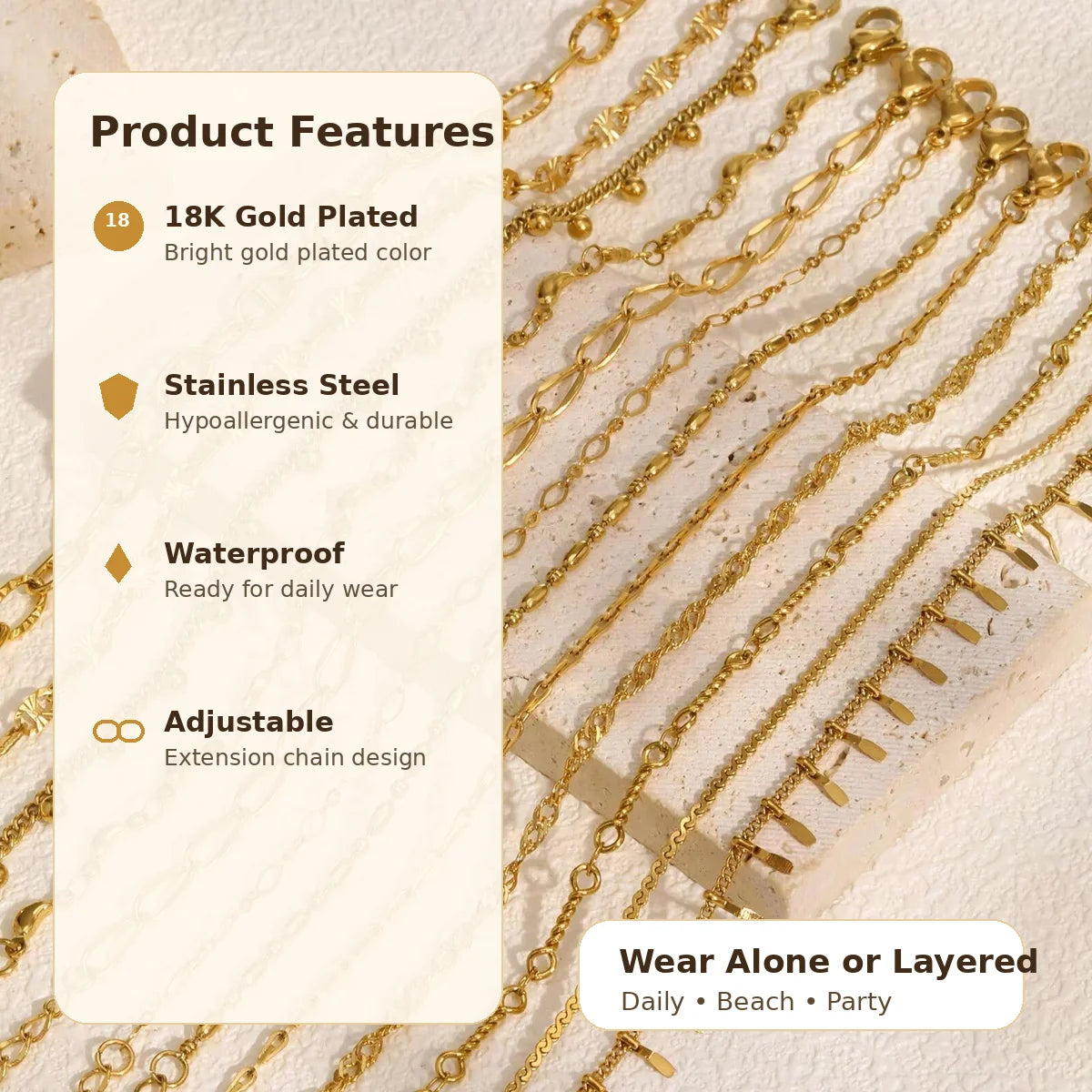 18K Gold Plated Link Bracelet for Women, Stainless Steel Stackable Chain Wristband, Adjustable Waterproof Jewelry