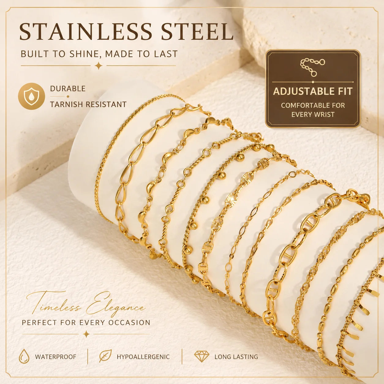 18K Gold Plated Link Bracelet for Women, Stainless Steel Stackable Chain Wristband, Adjustable Waterproof Jewelry