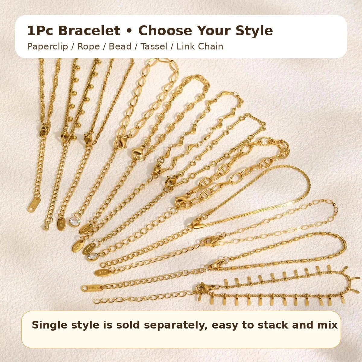 18K Gold Plated Link Bracelet for Women, Stainless Steel Stackable Chain Wristband, Adjustable Waterproof Jewelry
