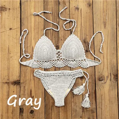 10 Color Hand Crochet Women Swimwear Sexy Crop Top Push up Bikini Set Beach Swimsuit Suit tassel Swim shorts