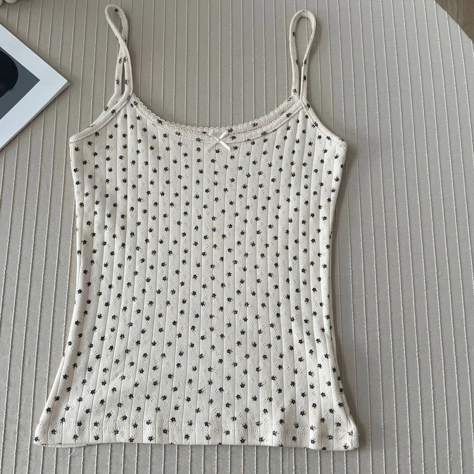Floral Print Lace Trim Camis Women Summer New Bow Slim Sleeveless Crop Tops Vest Sweet Cute Sexy Preppy Style Tank Top Y2k Chic
