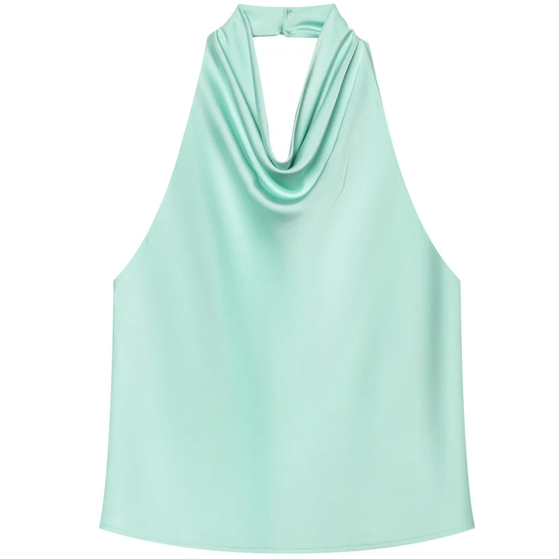 HXAO Satin Halter Top Women Summer 2025 Black Yellow Tanks & Camis Crop Smooth Off Shoulder Tank Top Sleeveless Backless Vests