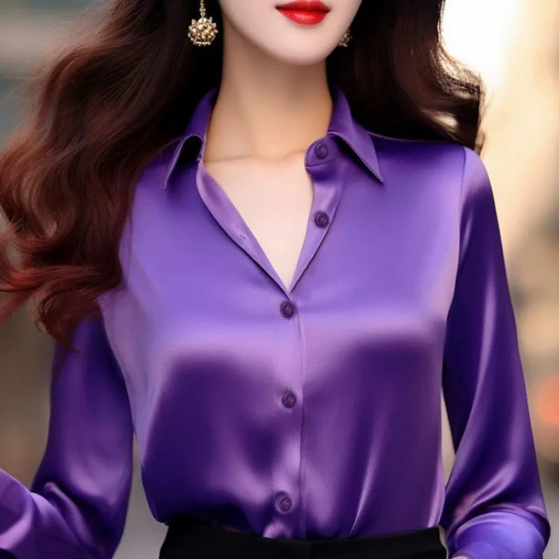 Elegant Silk Office Shirts Women Korean Fashion Y2k Clothes Slim Long Sleeve White Black Blusas Mujer Workwear Tops Blouses LS84