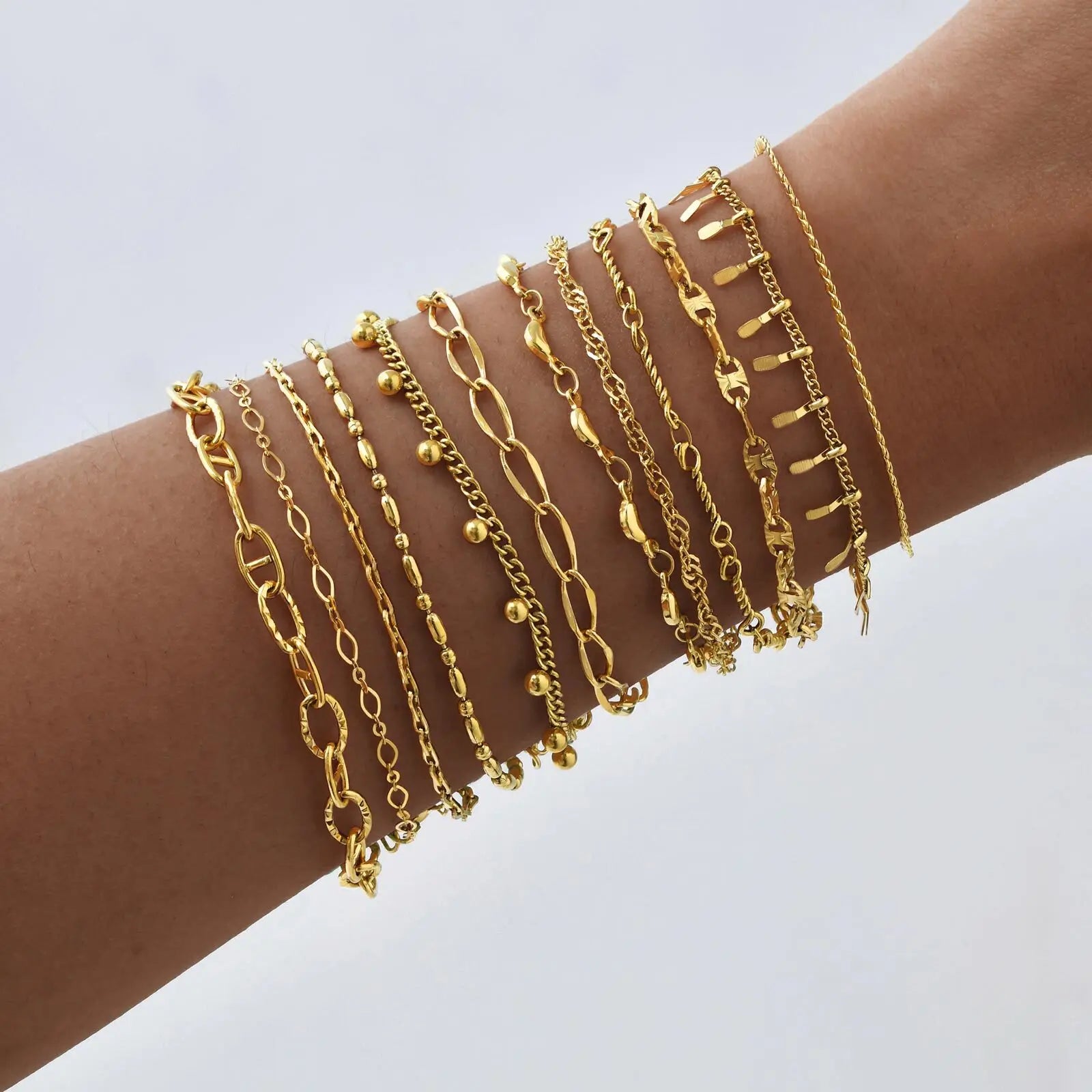 18K Gold Plated Link Bracelet for Women, Stainless Steel Stackable Chain Wristband, Adjustable Waterproof Jewelry