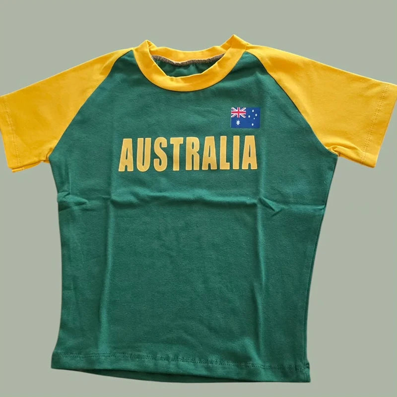 2024 Retro Street Aesthetic Baby T-shirt Women Green Brazil Letters Print Crop Tops Casual Slim Short Sleeve Y2k Clothes E-girls
