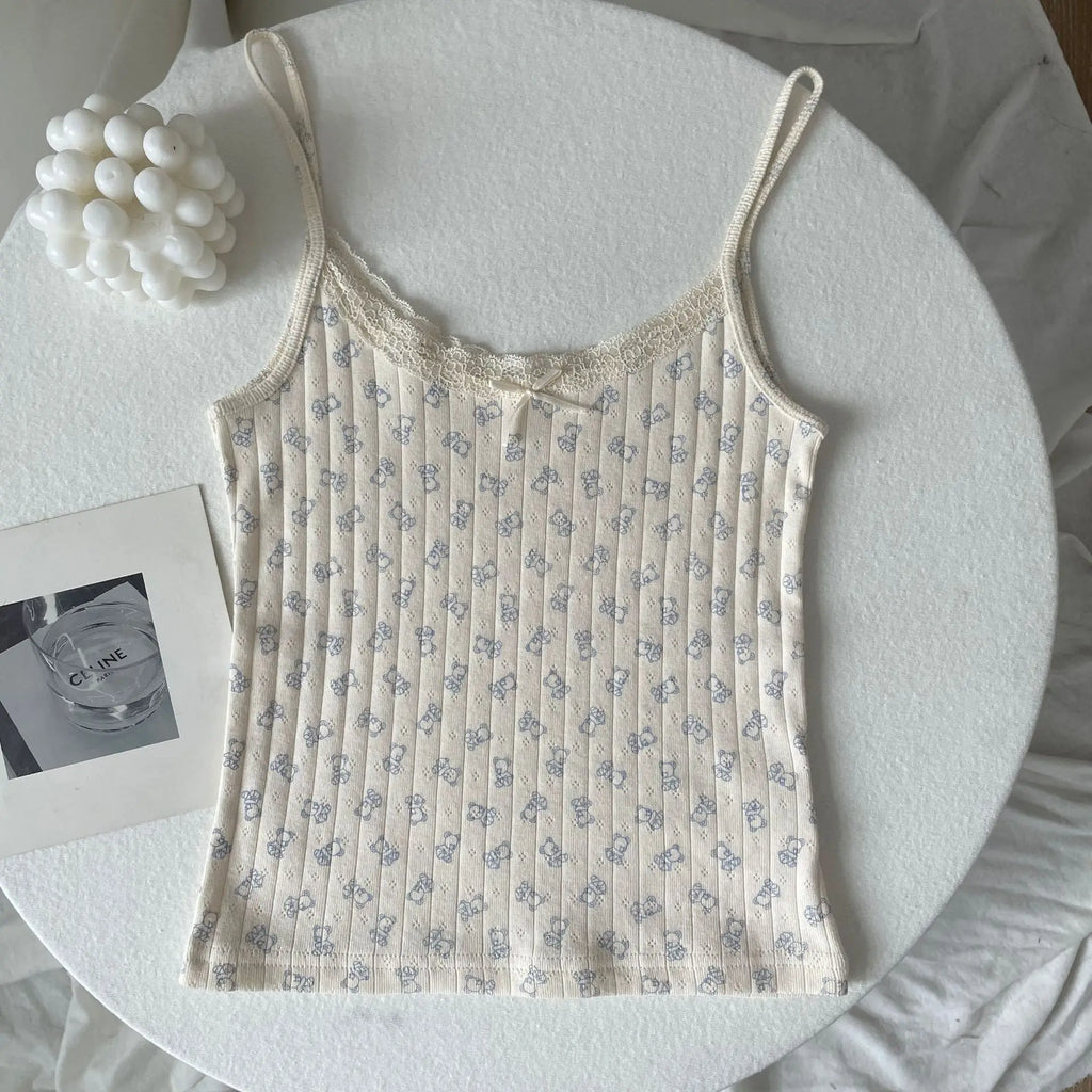 Floral Print Lace Trim Camis Women Summer New Bow Slim Sleeveless Crop Tops Vest Sweet Cute Sexy Preppy Style Tank Top Y2k Chic