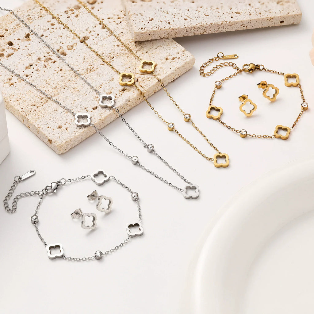 New Stainless Steel Hollow Clover Flower Necklace Bracelet Earnail Set for Women's Versatile Gift Accessories