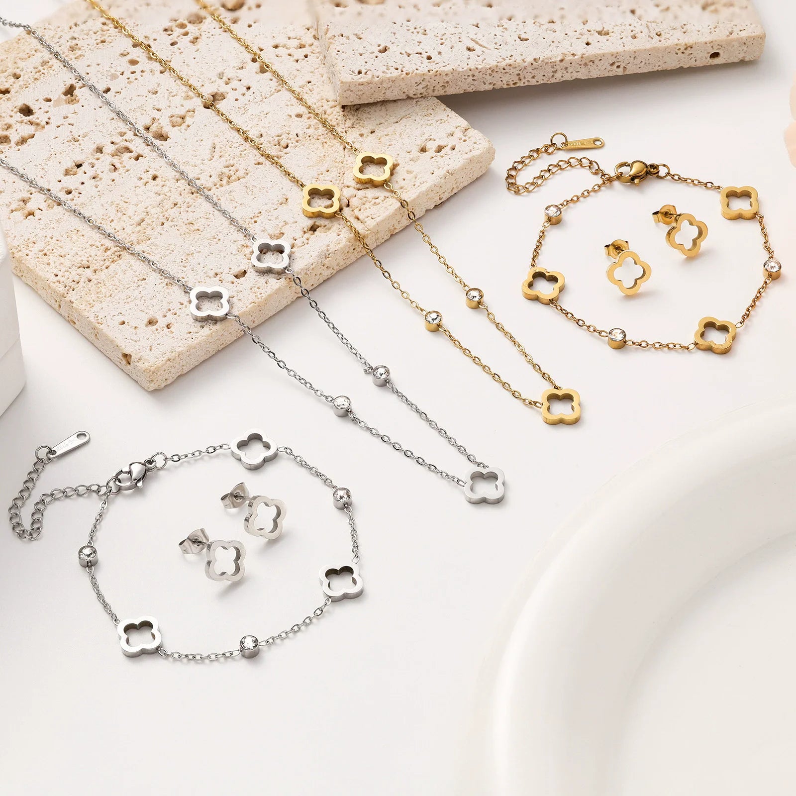 New Stainless Steel Hollow Clover Flower Necklace Bracelet Earnail Set for Women's Versatile Gift Accessories