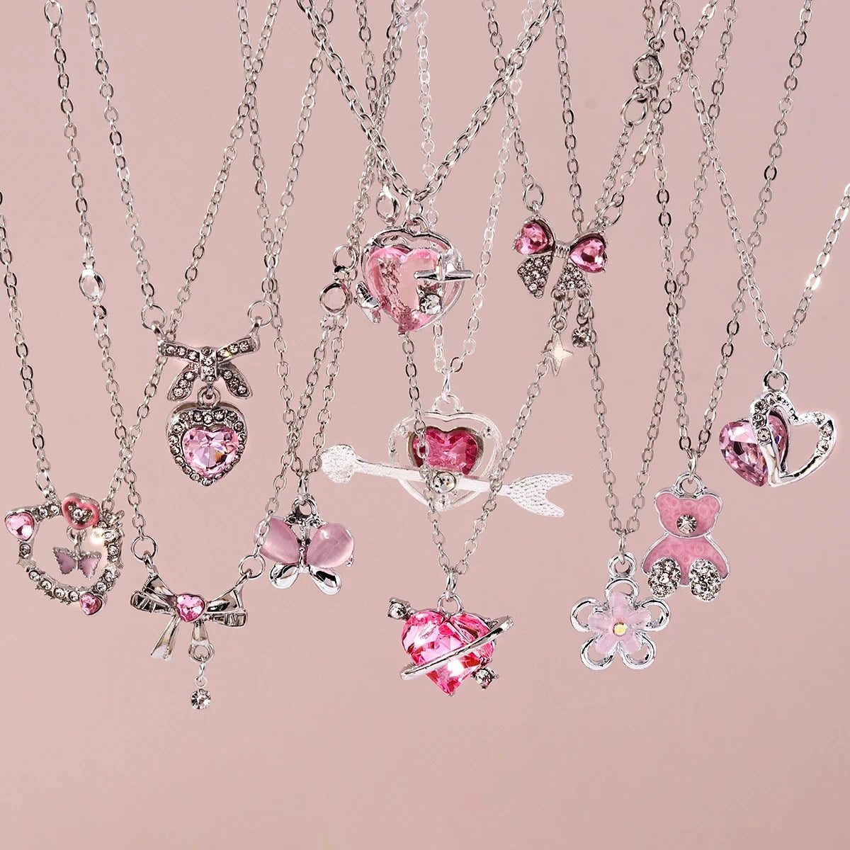 Delicate Y2k Crystal Pink Zircon Heart Necklace for Women Girl Bowknot Pendant Necklace Chain Party Jewelry Gifts