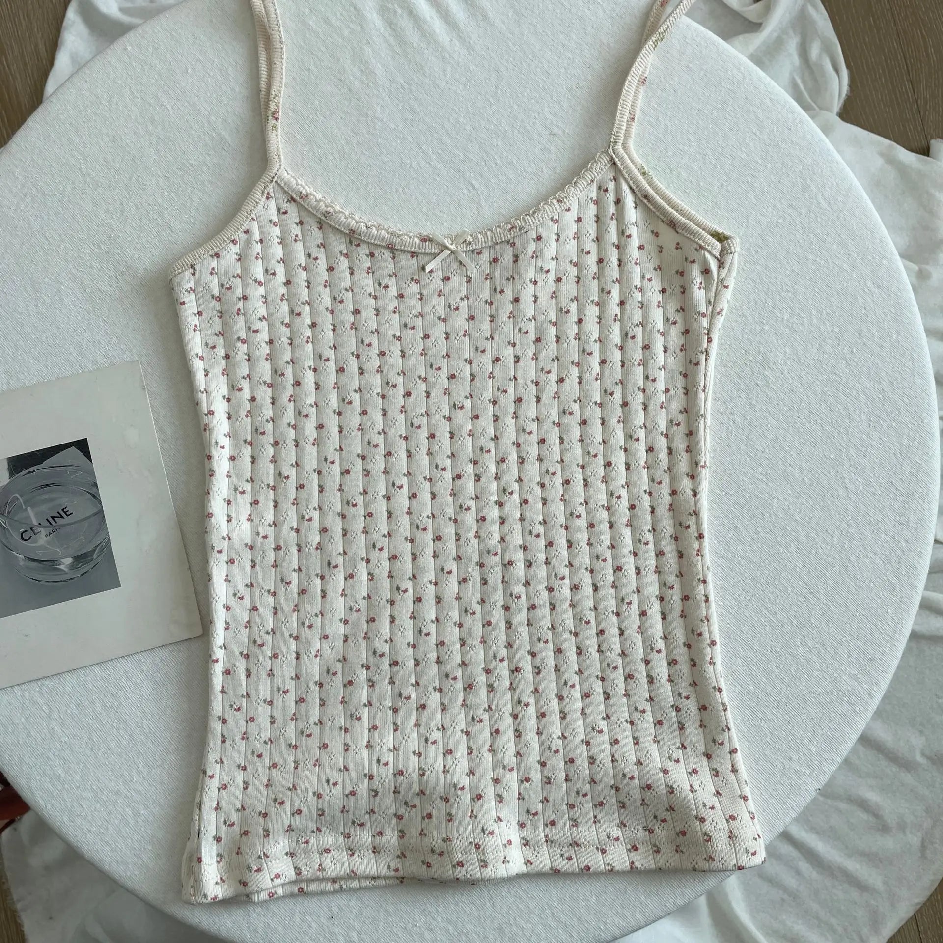 Floral Print Lace Trim Camis Women Summer New Bow Slim Sleeveless Crop Tops Vest Sweet Cute Sexy Preppy Style Tank Top Y2k Chic