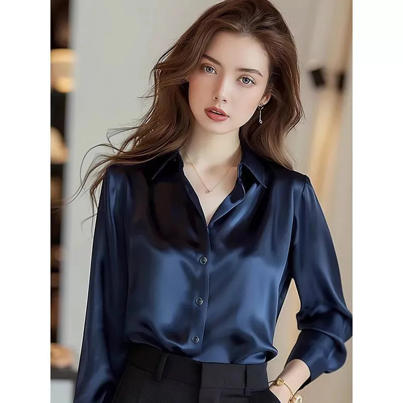 Elegant Silk Office Shirts Women Korean Fashion Y2k Clothes Slim Long Sleeve White Black Blusas Mujer Workwear Tops Blouses LS84