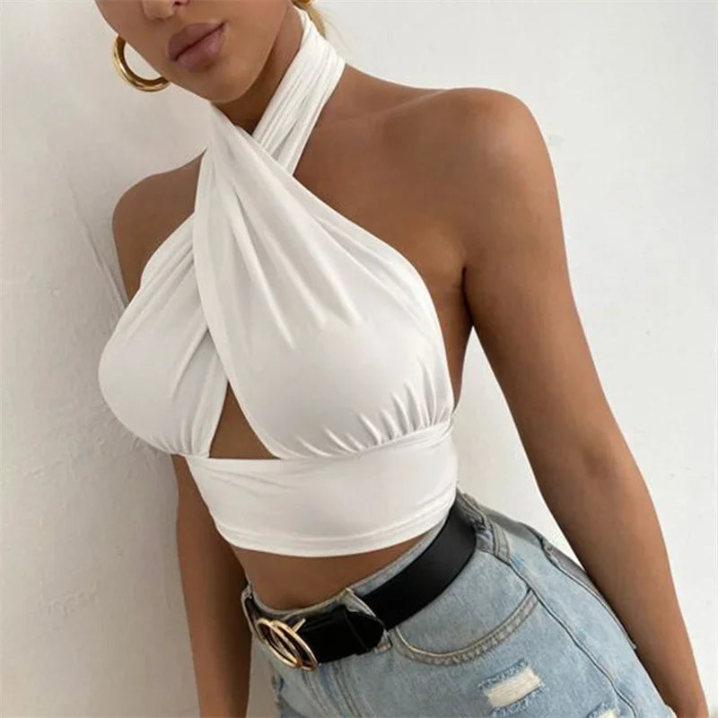 y2k Halter Top Women Summer Clothes Solid Color Sleeveless Backless Vest T Shirt 2000s Aesthetic Clothing Streetwear
