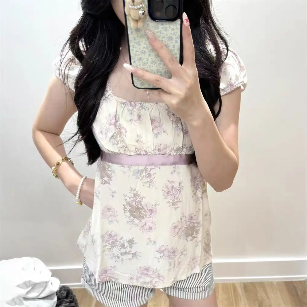 Pink Floral Print Cinched T-shirt Blouse Women Sexy Folds Square Collar Lace-up T-shirts Summer Sweet Vintage Backless Tops Tees