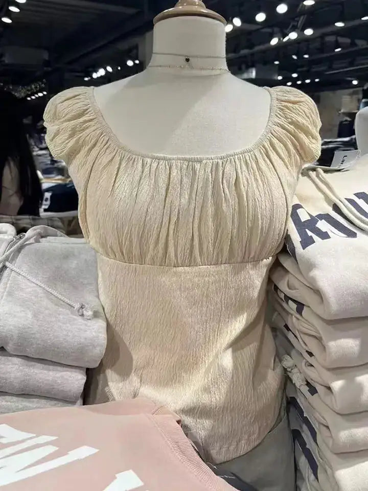 Pink Ruffle Slim Short Sleeve Tee Women Summer Square Collar Cotton Mesh Folds T-shirts Female Aesthetic Sweet Cute Y2K Tops New