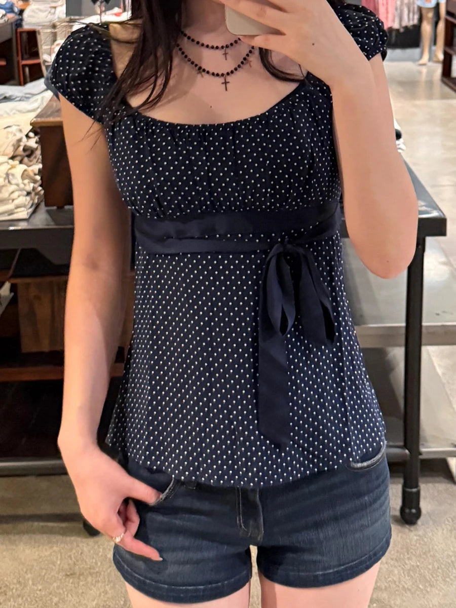 Pink Floral Print Cinched T-shirt Blouse Women Sexy Folds Square Collar Lace-up T-shirts Summer Sweet Vintage Backless Tops Tees