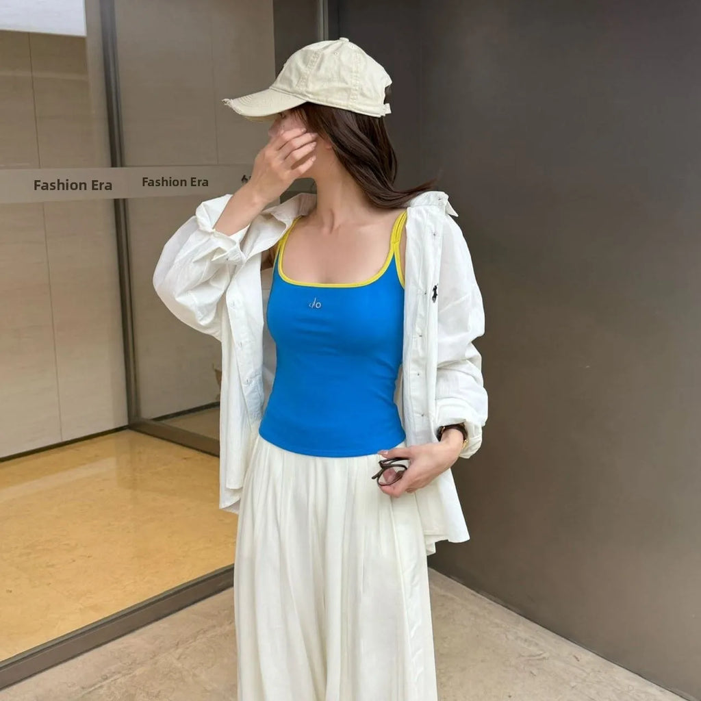 Summer New Pure Desire Letter Print Splice Strap Vest Slimming Color Block One-Piece Women's Vest with Chest Pad U-Neck Nylon