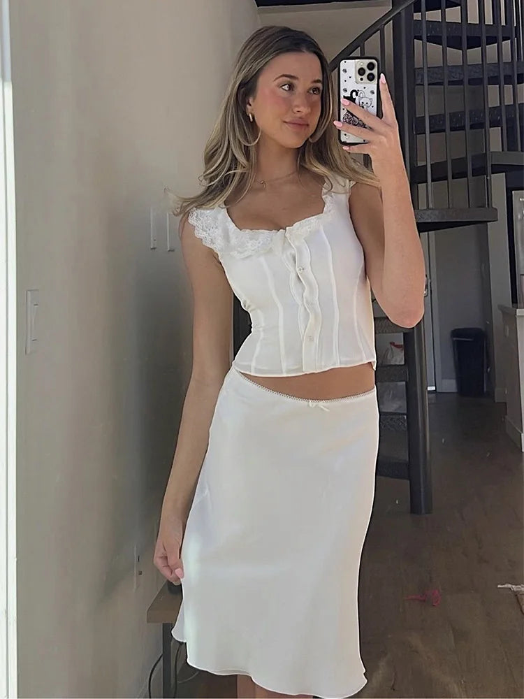 Foridol White Lace Summer Women Set Sleeveless Crop Top+midi Skirt Outfits 2025 Beach Holiday Chic Vintage Sundress Dress Set