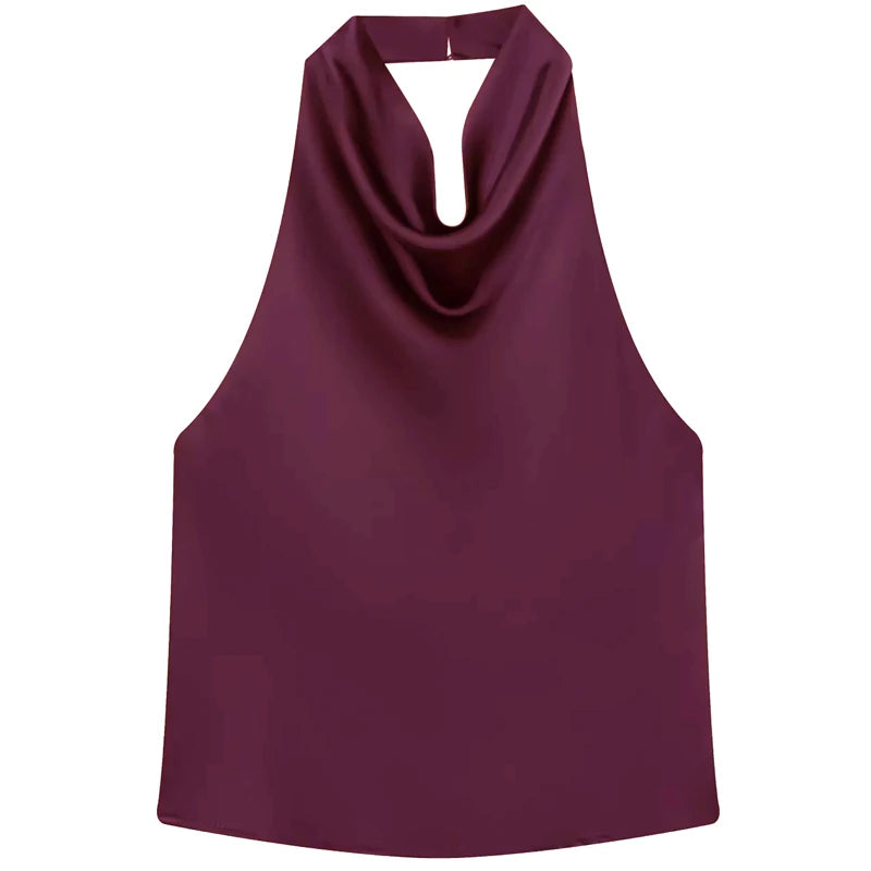 HXAO Satin Halter Top Women Summer 2025 Black Yellow Tanks & Camis Crop Smooth Off Shoulder Tank Top Sleeveless Backless Vests