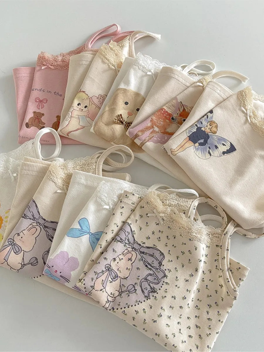 Cute Cartoon Lace Trim Tank Tops Women Summer New Slim Cotton Sleeveless Vests Vintage Sweet Preppy Style Camisole Y2K Clothes