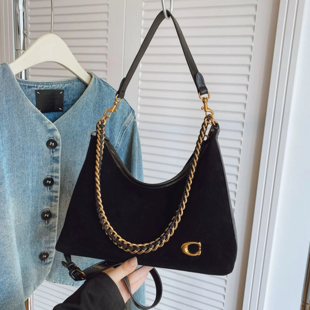 Women's new light luxury fashionablehigh-end black suede shouldercrossbody bag,versatile for commuting, large capacity tote bag