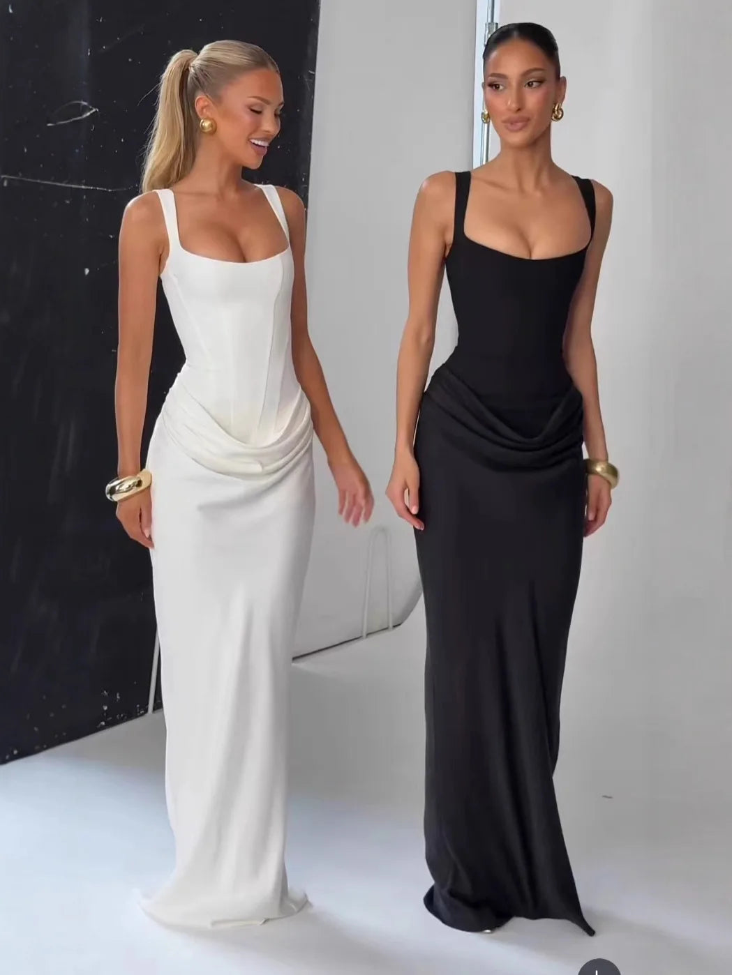 CHNMR Sexy Backless Ruched Maxi Dress for Women U-neck Sleeveless Bandage Bodycon Black Long Dresses Lady Evening Party Gown