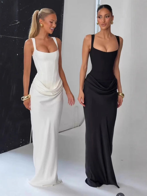CHNMR Sexy Backless Ruched Maxi Dress for Women U-neck Sleeveless Bandage Bodycon Black Long Dresses Lady Evening Party Gown