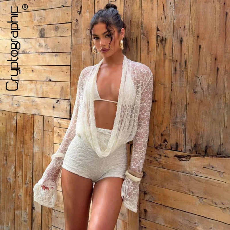 Cryptographic Fashion Halter Draped 3 Piece Sets Beach Outfits Hollow Out Lace Up Bikini Shorts Long Sleeve Co-ords Sets Suits