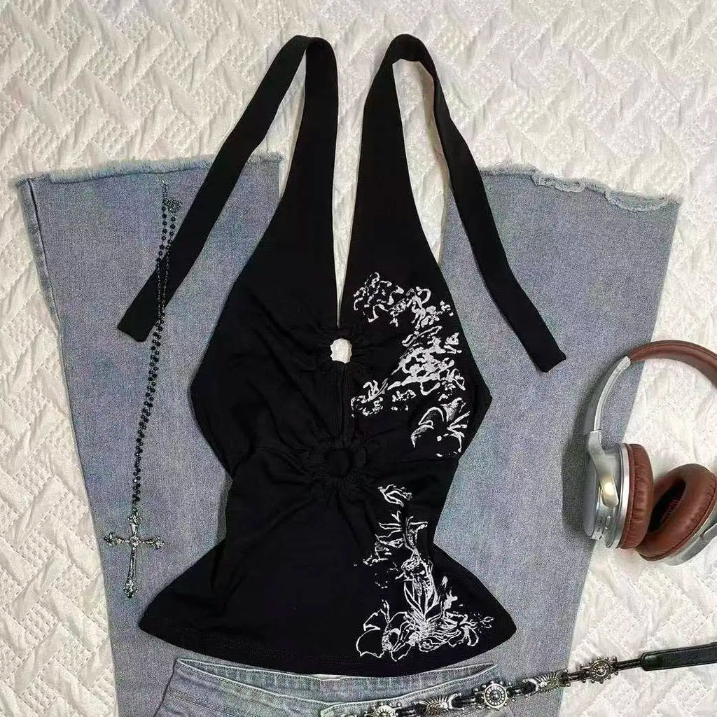 Summer Sweet Chic Design Lace Spliced Halter Tanks Slim Fit Flower Prints Hotsweet Backless Women Blouses Korean Fashion