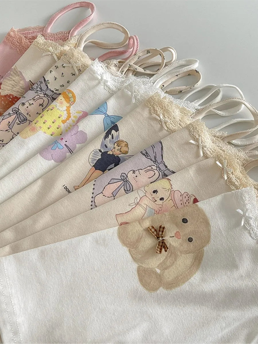 Cute Cartoon Lace Trim Tank Tops Women Summer New Slim Cotton Sleeveless Vests Vintage Sweet Preppy Style Camisole Y2K Clothes