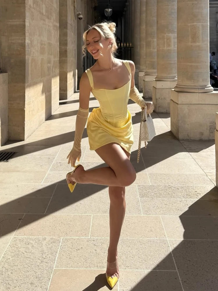 Women Sexy Square-neck Halter Mini Dress 2025 Pleated Sleeveless Backless High Waist Bodycon Dresses New Summer Lady Party Gowns