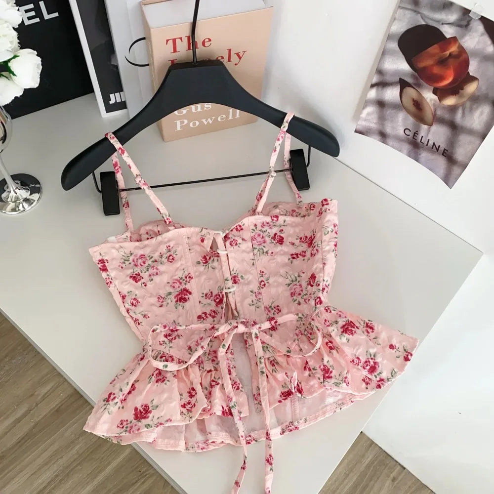 Sexy Slim  Corset ruffle print Chic Korean Camis Tank Top Basic Fashion Off Shoulder Summer Women Clothing