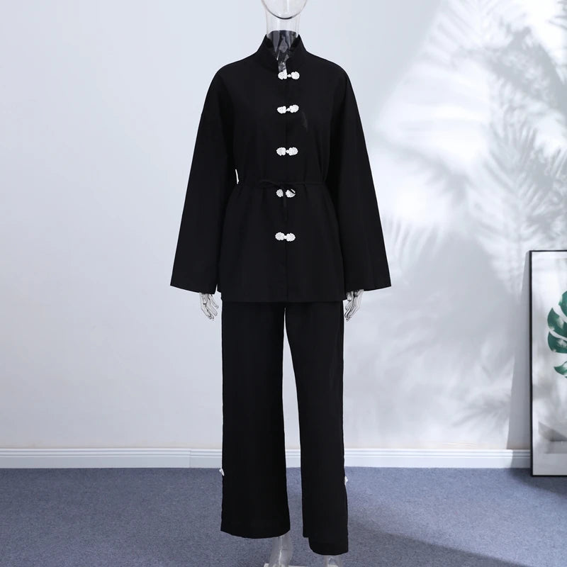 Cotton Lined Women's Pants Set Mandarin Collar Frog Button Full Sleeve Shirt Wide Leg Pant Suit Lady 2026 Spring Woman Outwear