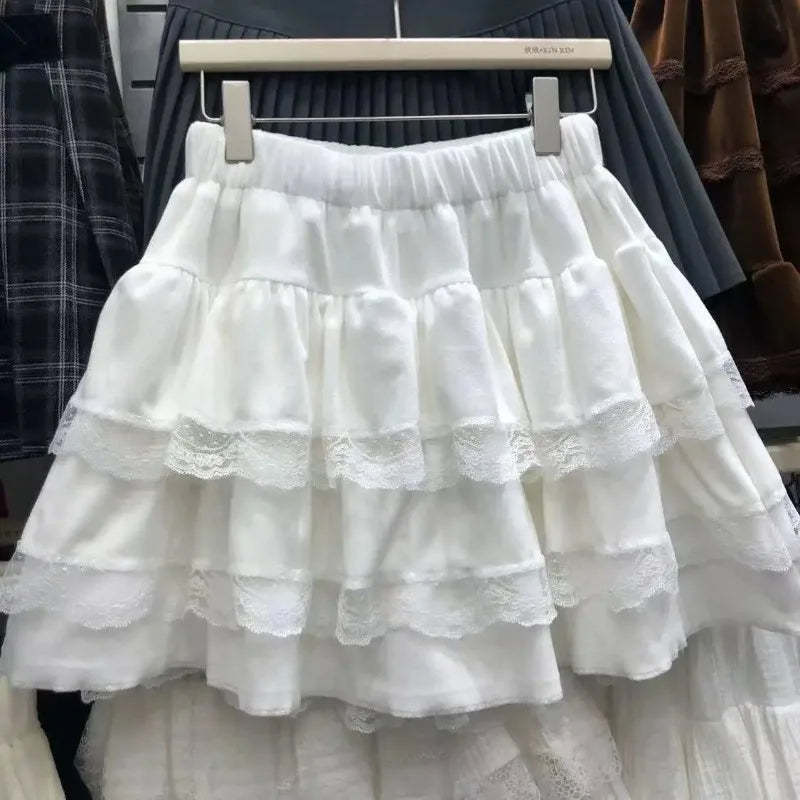 Woman Vintage Denim Pleated Skirt Lace Fold Design A-line Short Skirt Built in Shorts American Spicy Girl Korea Fashion Hotsweet