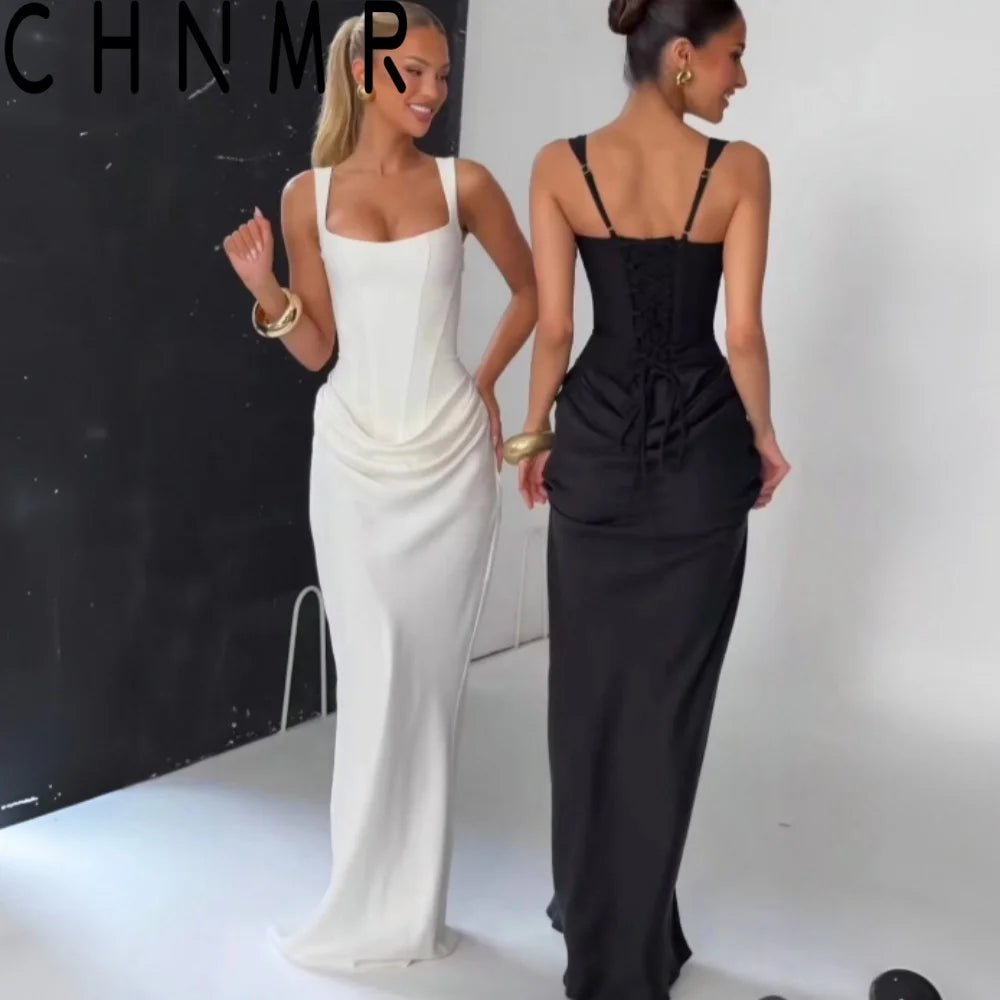 CHNMR Sexy Backless Ruched Maxi Dress for Women U-neck Sleeveless Bandage Bodycon Black Long Dresses Lady Evening Party Gown