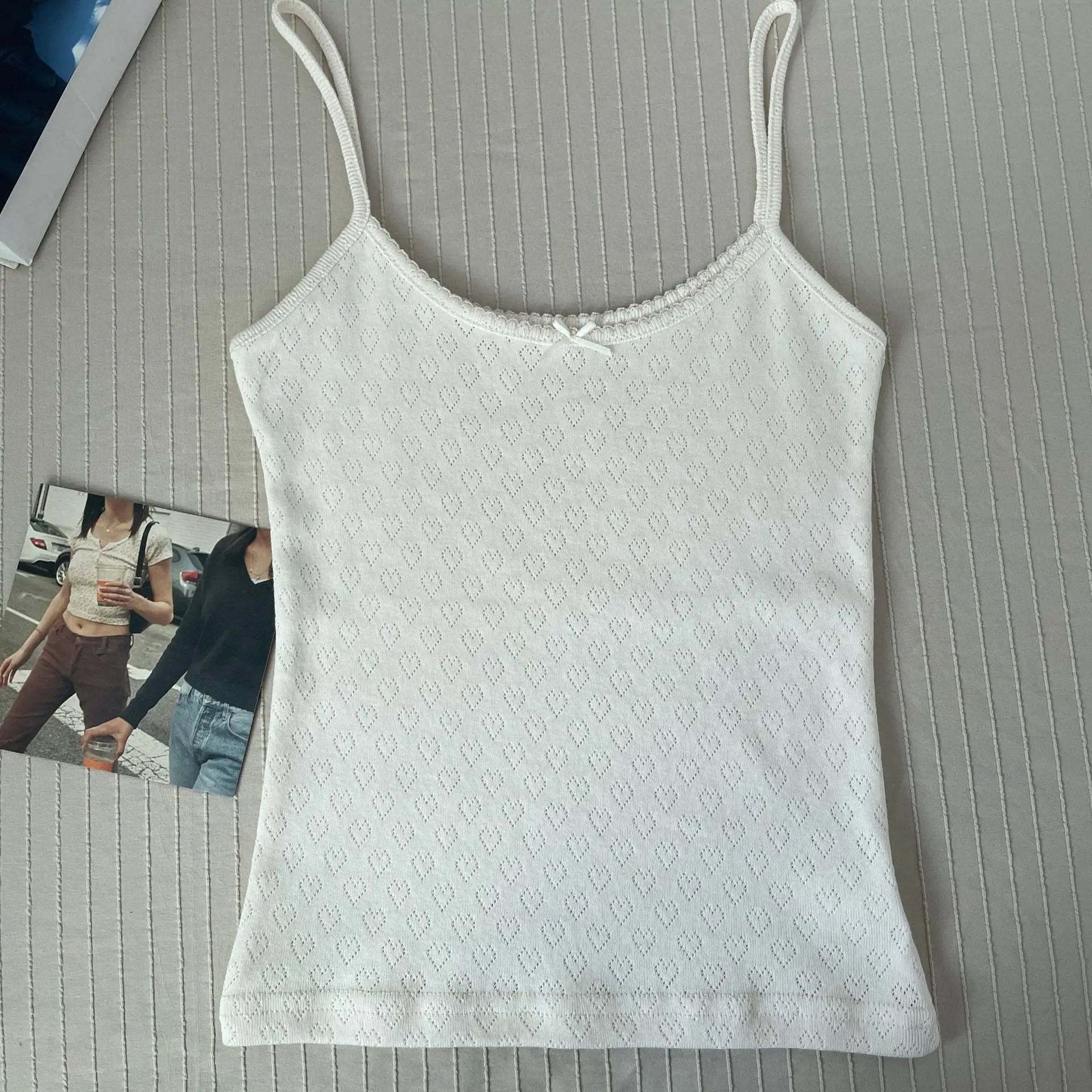 Floral Print Lace Trim Camis Women Summer New Bow Slim Sleeveless Crop Tops Vest Sweet Cute Sexy Preppy Style Tank Top Y2k Chic