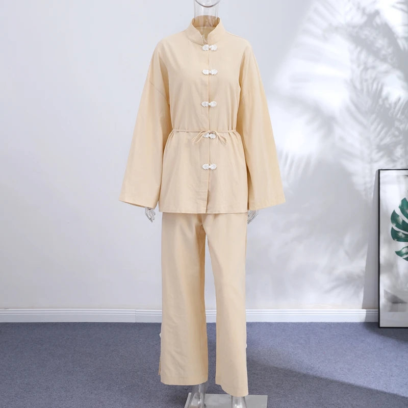 Cotton Lined Women's Pants Set Mandarin Collar Frog Button Full Sleeve Shirt Wide Leg Pant Suit Lady 2026 Spring Woman Outwear