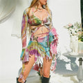 y2k Aesthetic Butterfly Print 3 Pcs Skirts Set Long Flare Sleeve Shawl Halter Lace Up Sexy Top Pleated Skirt Summer Beach Outfit
