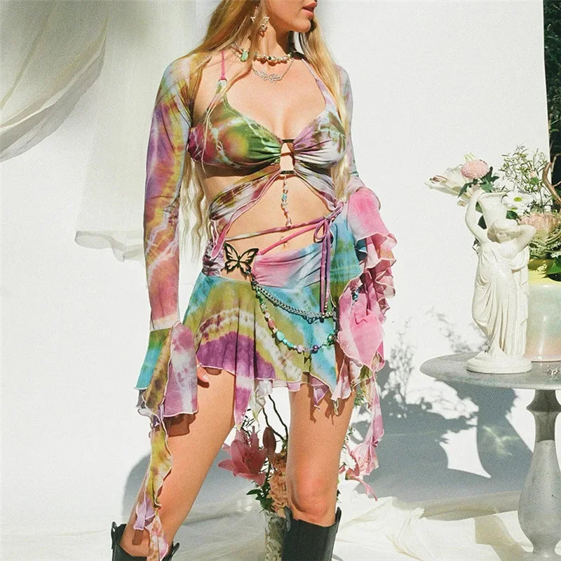 y2k Aesthetic Butterfly Print 3 Pcs Skirts Set Long Flare Sleeve Shawl Halter Lace Up Sexy Top Pleated Skirt Summer Beach Outfit