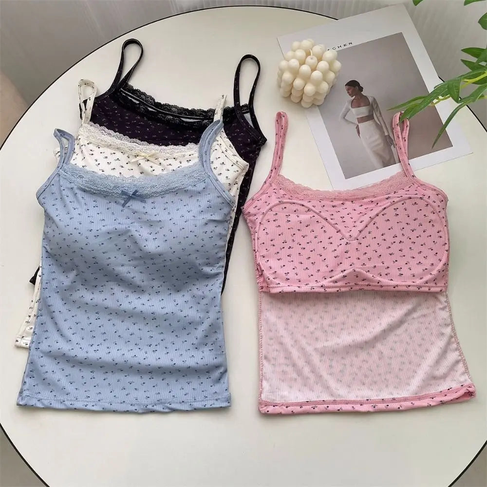Elegant Sweet Floral Tank Tops Bowknot BM Style Lace Vest T-Shirt Bra Tops Casual Y2k Crop Top Spring Summer