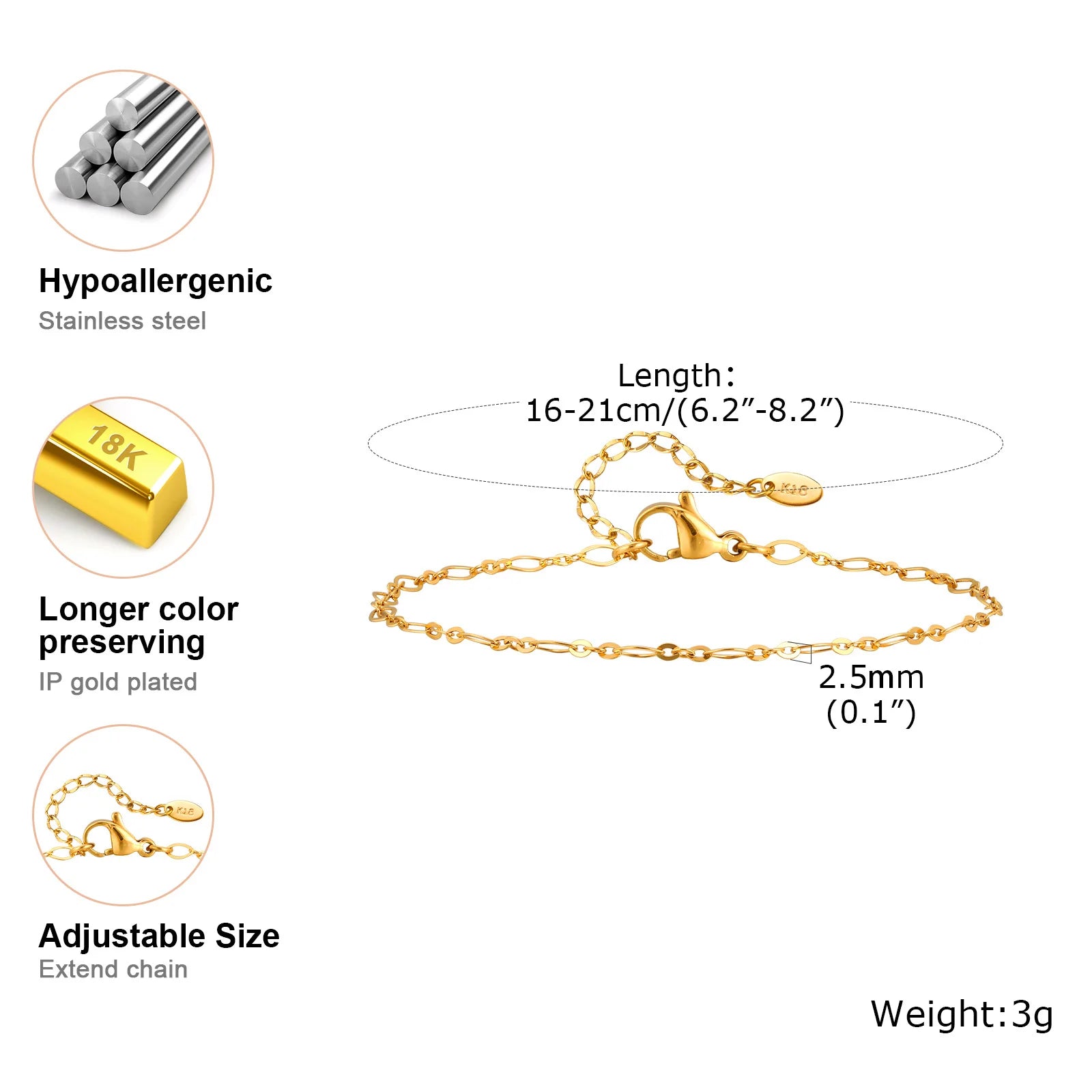 18K Gold Plated Link Bracelet for Women, Stainless Steel Stackable Chain Wristband, Adjustable Waterproof Jewelry