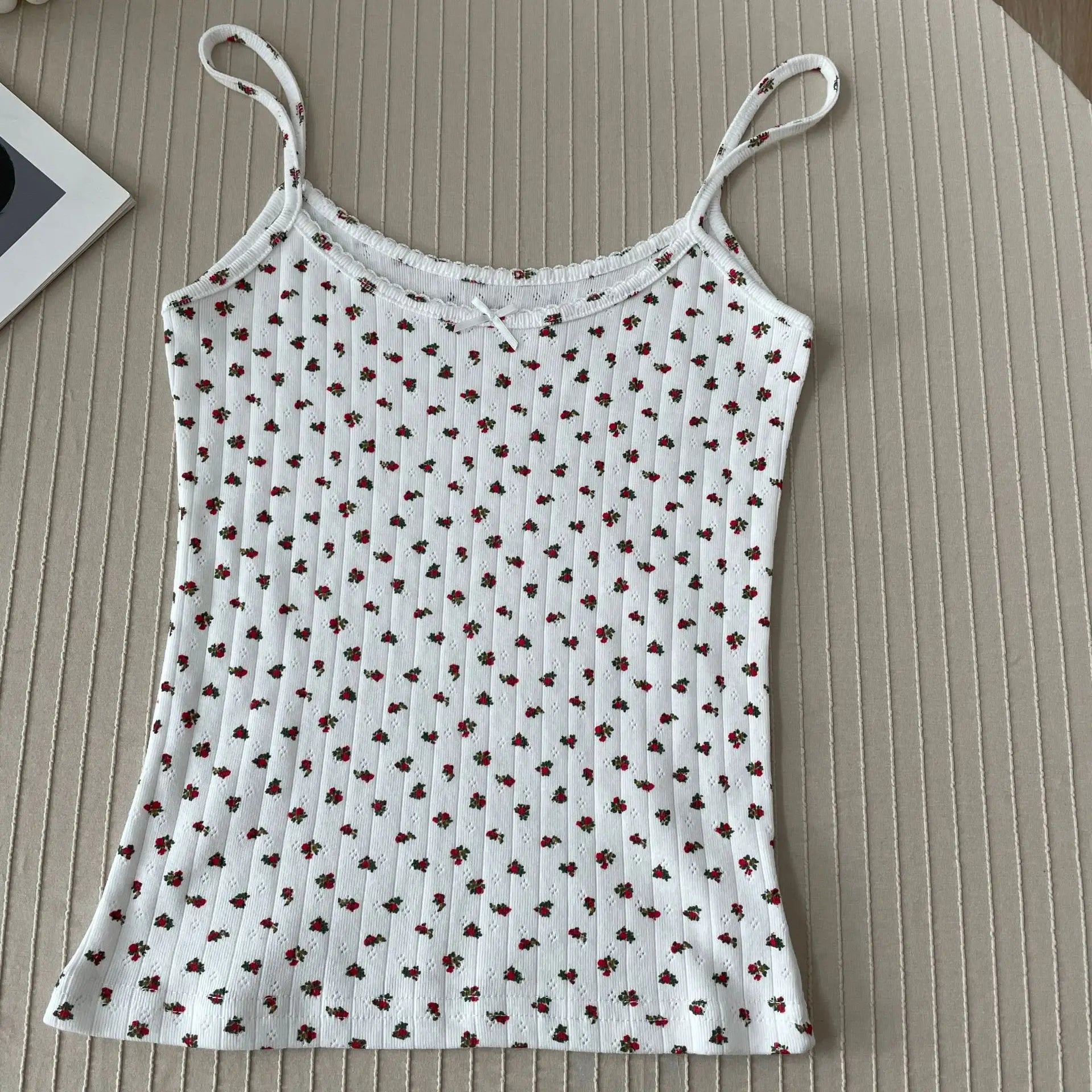 Floral Print Lace Trim Camis Women Summer New Bow Slim Sleeveless Crop Tops Vest Sweet Cute Sexy Preppy Style Tank Top Y2k Chic