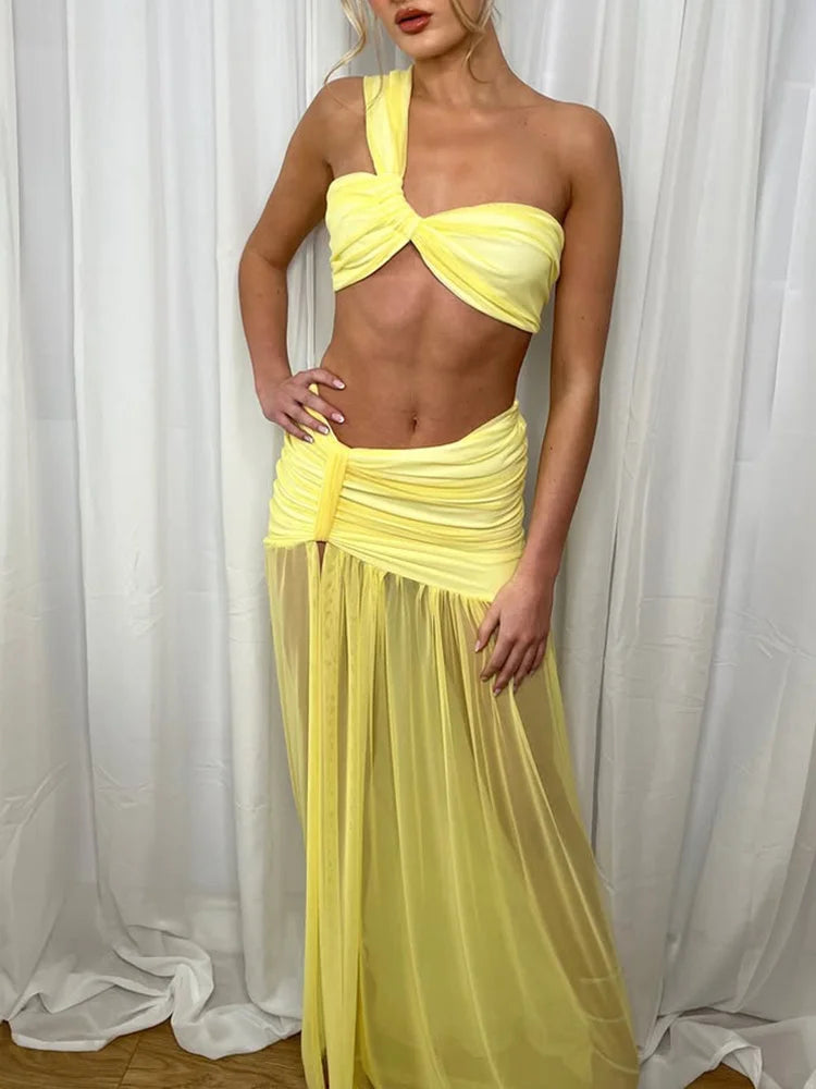 Ladies Summer Sexy Skirt Two Piece Sets Women One Shoulder Crop Top And Maxi Skirt Female Elegant Beach Club Party 2 Piece Set