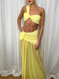Ladies Summer Sexy Skirt Two Piece Sets Women One Shoulder Crop Top And Maxi Skirt Female Elegant Beach Club Party 2 Piece Set
