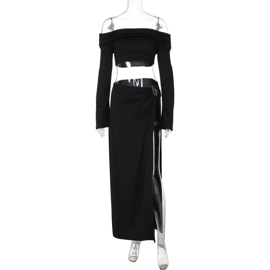 Leosoxs Women's Solid Beach Skirt Sets Sexy High Split Slim Bohemian Outfits Off The Shoulder Holiday 2 Piece Set 2025 Beachwear