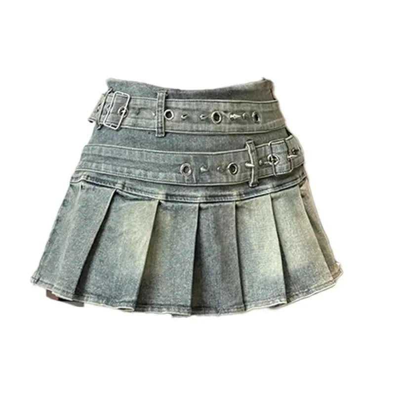 Woman Vintage Denim Pleated Skirt Lace Fold Design A-line Short Skirt Built in Shorts American Spicy Girl Korea Fashion Hotsweet
