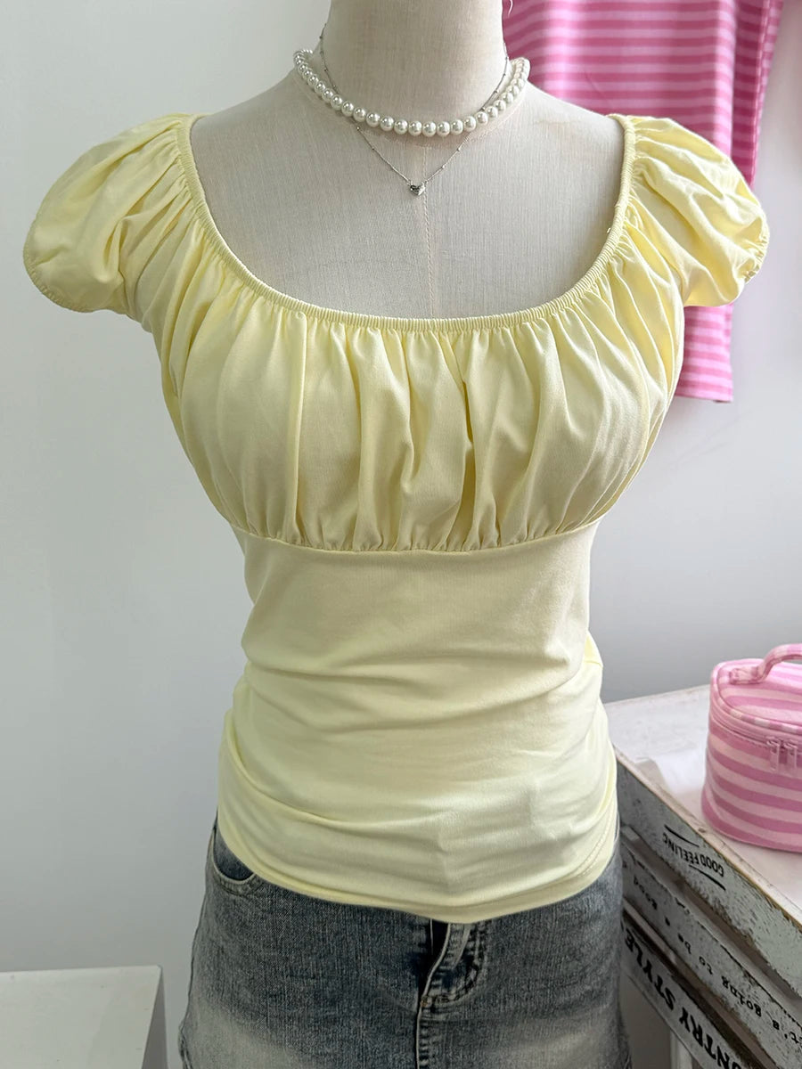 Pink Ruffle Slim Short Sleeve Tee Women Summer Square Collar Cotton Mesh Folds T-shirts Female Aesthetic Sweet Cute Y2K Tops New