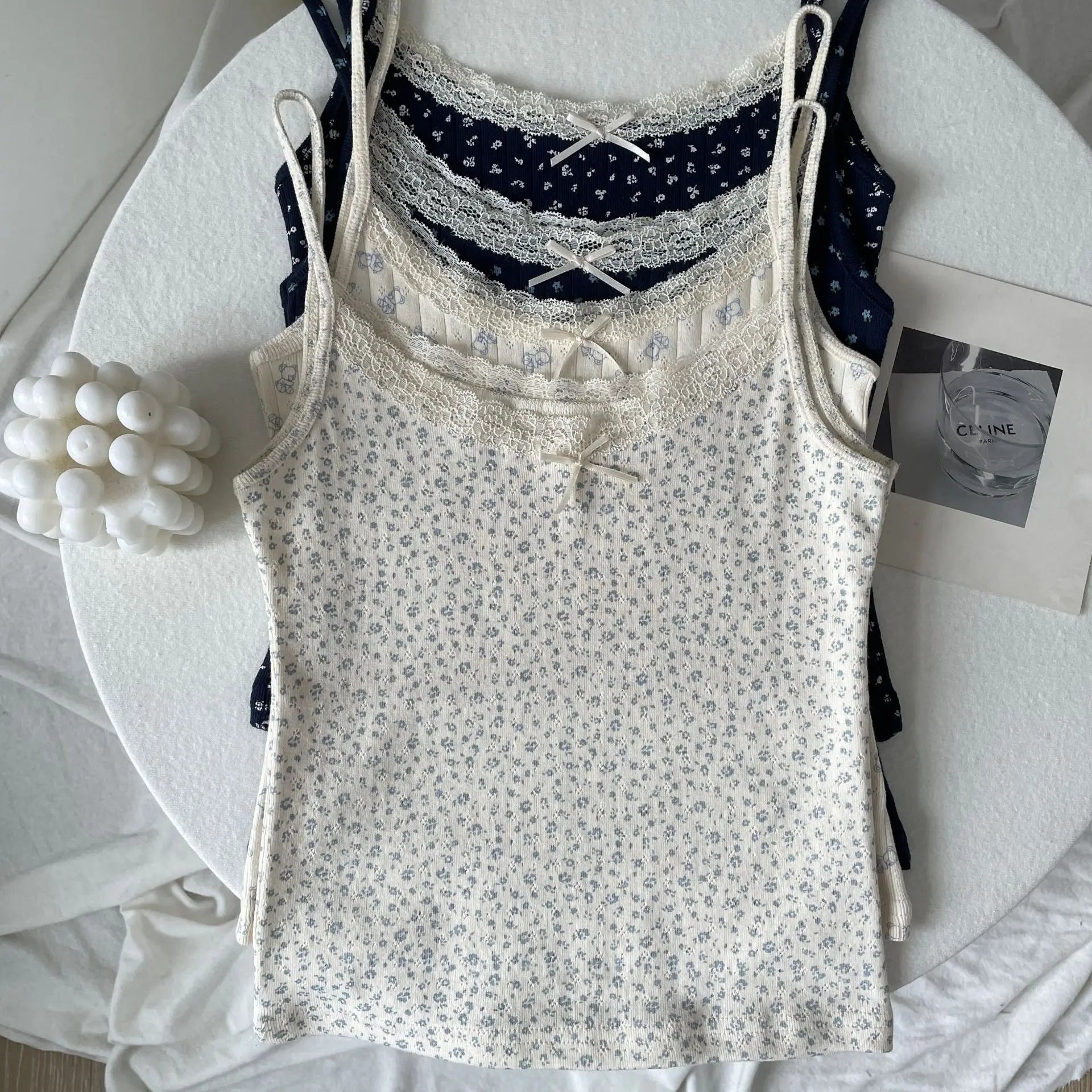 Floral Print Lace Trim Camis Women Summer New Bow Slim Sleeveless Crop Tops Vest Sweet Cute Sexy Preppy Style Tank Top Y2k Chic