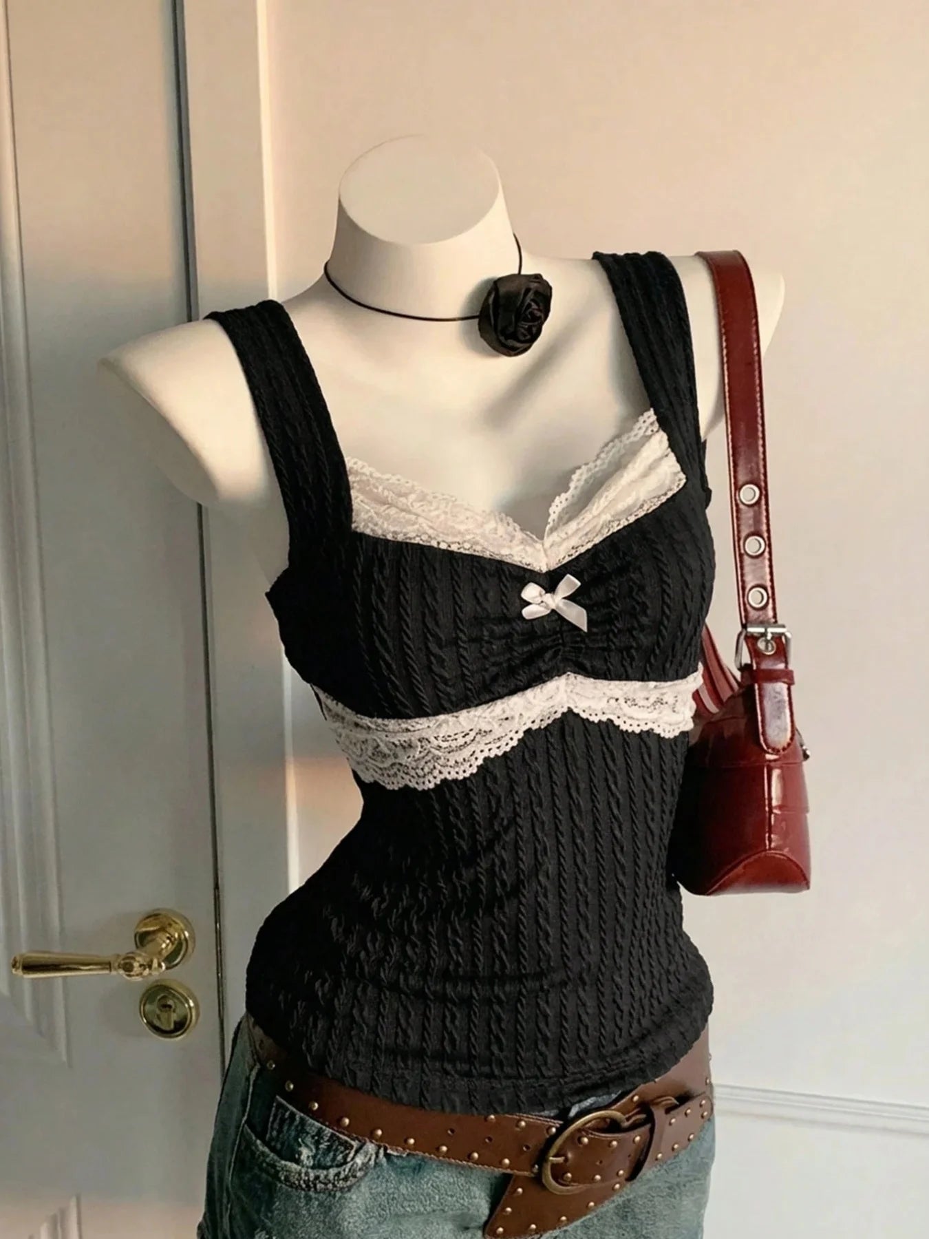 Y2K Summer Fashion New Lace Splicing Bow Decoration Pure Desire Women's Tank Top