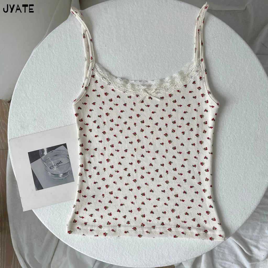 Cute Cartoon Lace Trim Tank Tops Women Summer New Slim Cotton Sleeveless Vests Vintage Sweet Preppy Style Camisole Y2K Clothes