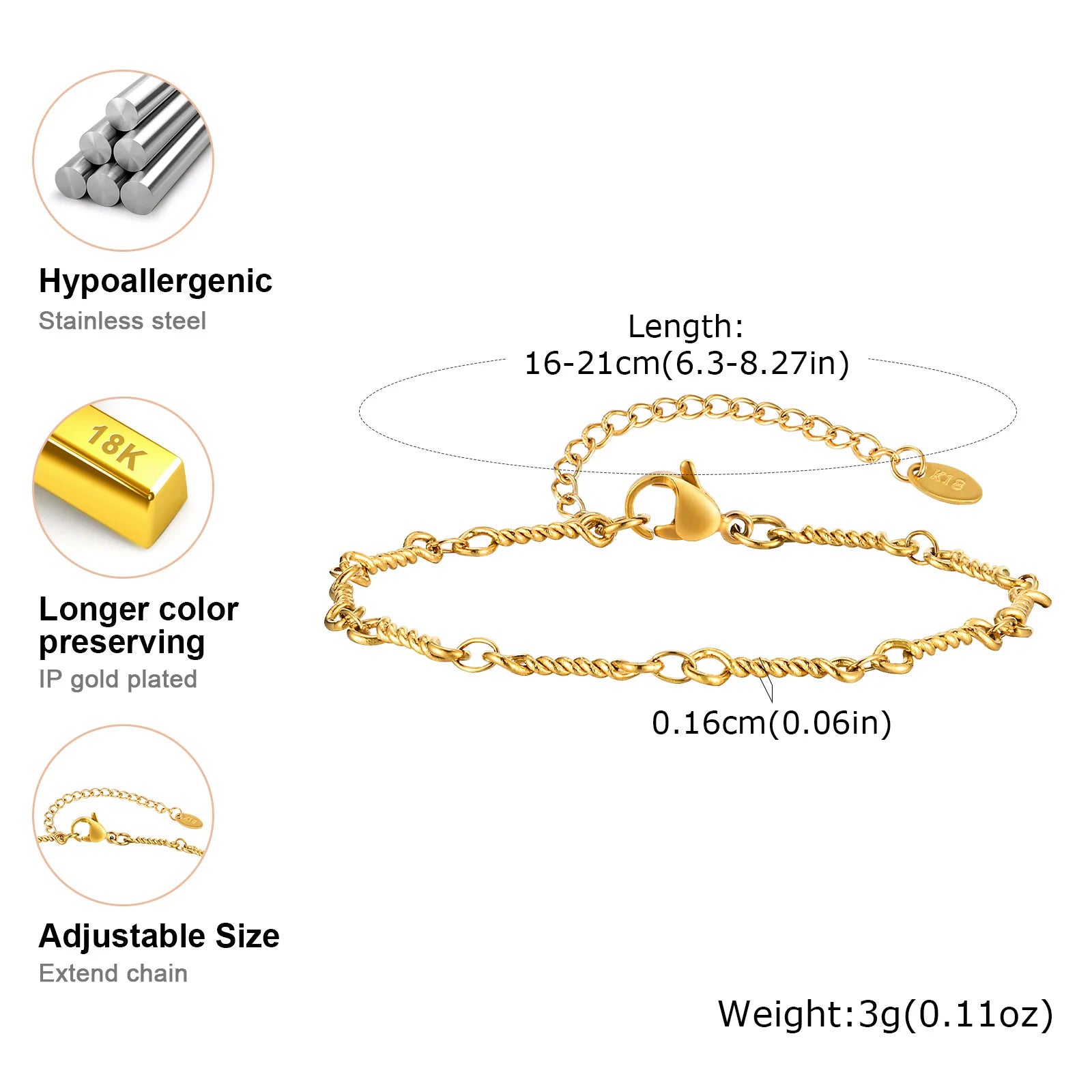 18K Gold Plated Link Bracelet for Women, Stainless Steel Stackable Chain Wristband, Adjustable Waterproof Jewelry